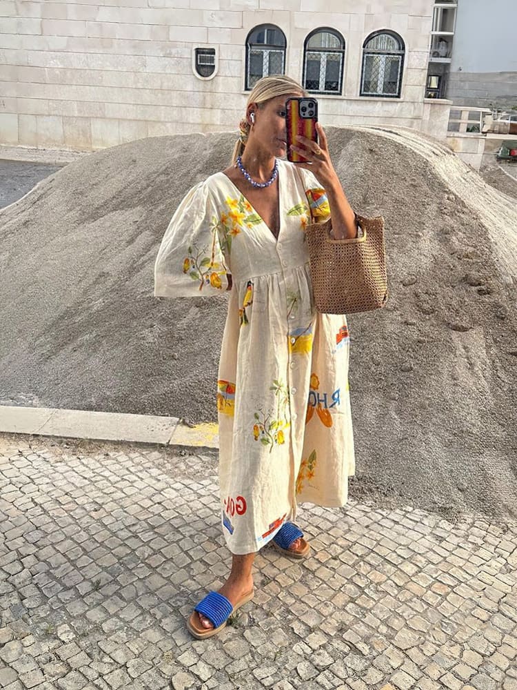 Unique Holiday Folk Floral Print Puff Sleeve Midi Dress Newgew Dresses