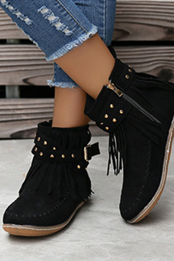 Casual Warm Solid Color Side Zipper Low-Cut Tassel Flat Ankle Boots NewGew