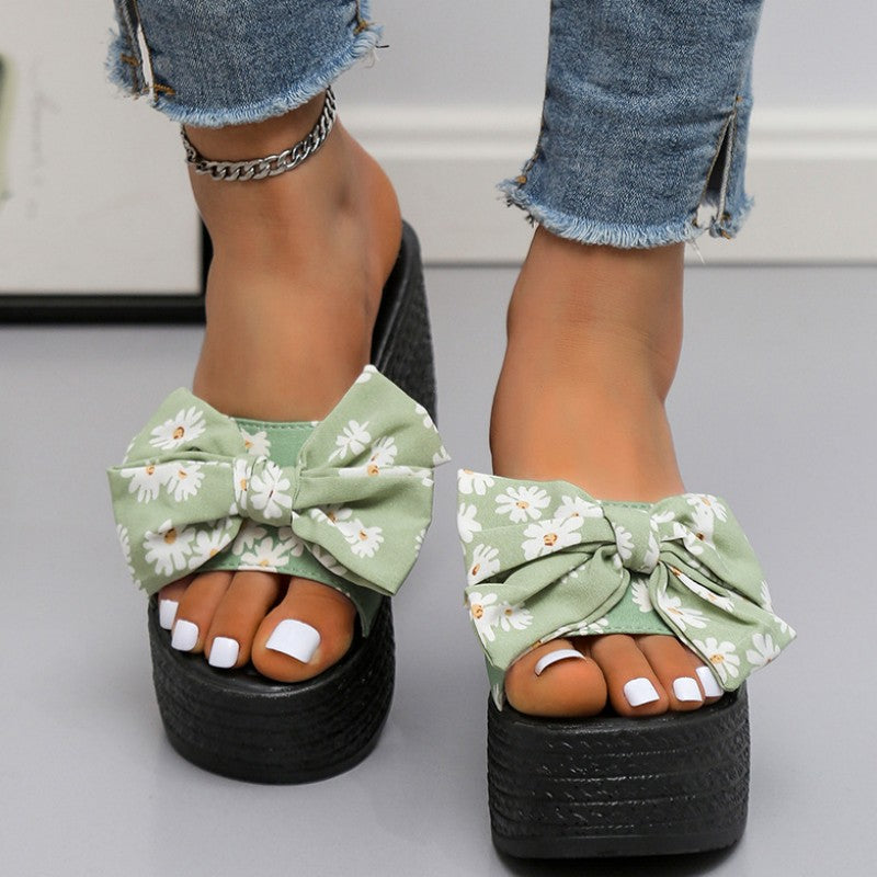 Casual Patchwork Printing With Bow Round Wedges Shoes (Heel Height 3.15in) NewGew