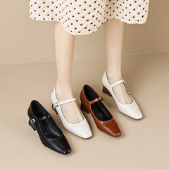 Women Retro Solid Pointed Toe Chunky Heel Pumps Newgew Shoes