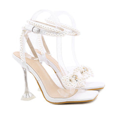 Crystal Pearl Strap Bowknot Trim Unique High Heel Sandals - White NewGew