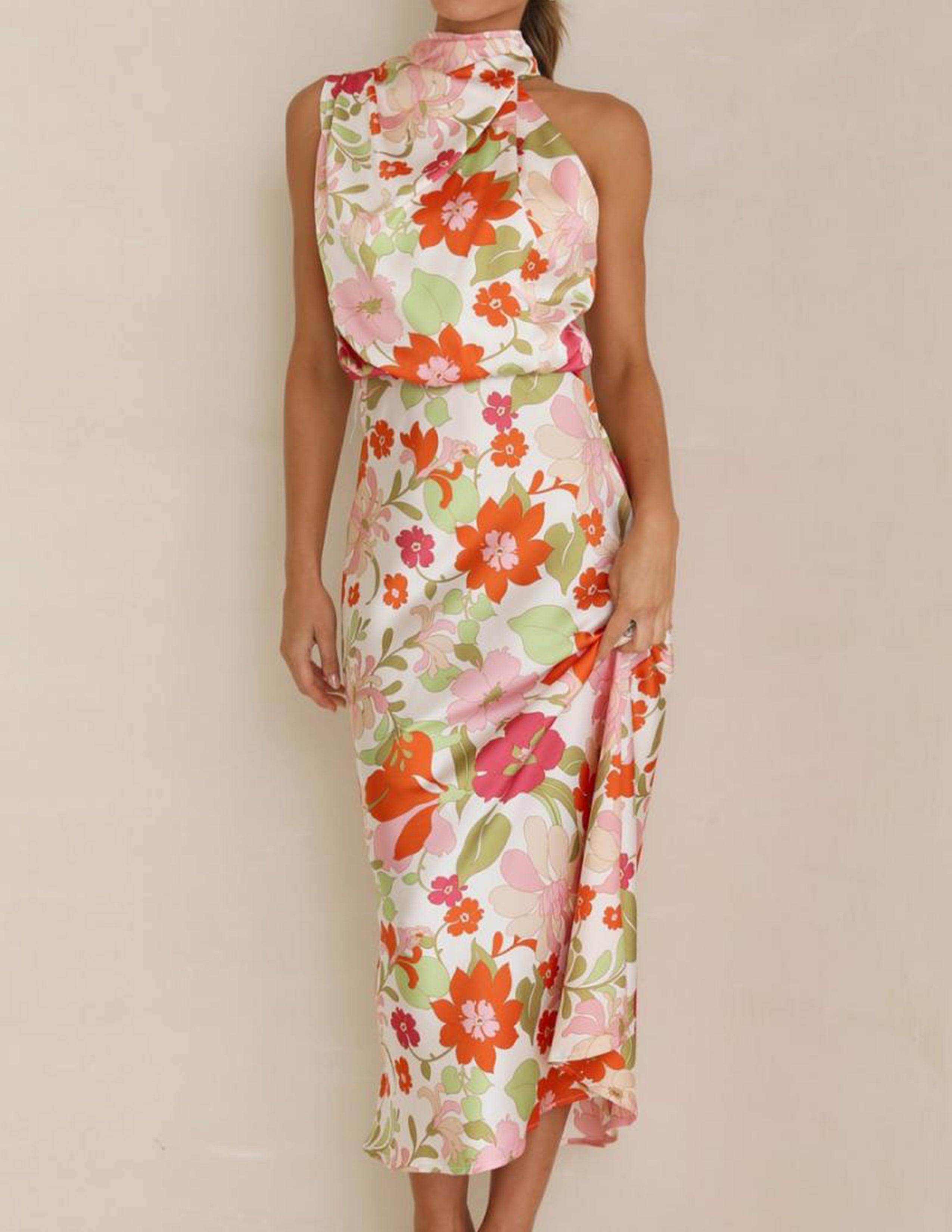 Floral Halter Neck Elastic Waist Maxi Dress Newgew Dresses