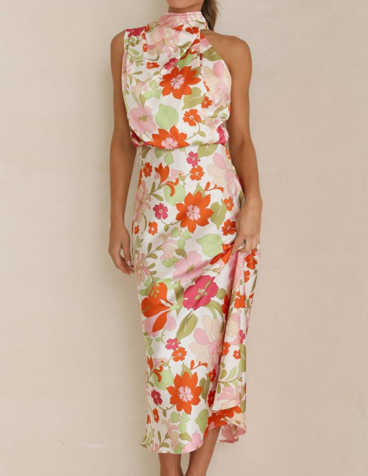 Floral Halter Neck Elastic Waist Maxi Dress Newgew Dresses