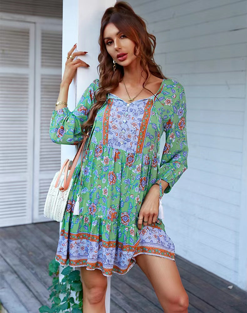 V-neck Printed Casual Bohemian Short Dress Newgew Dresses