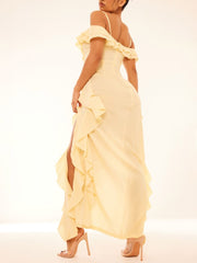 Lemon Cold Shoulder Ruffle Detail Maxi Dress Newgew Dresses