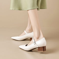 Women Retro Solid Pointed Toe Chunky Heel Pumps Newgew Shoes