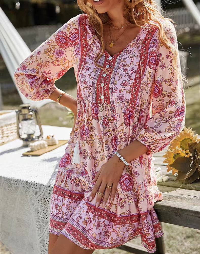 V-neck Printed Casual Bohemian Short Dress Newgew Dresses