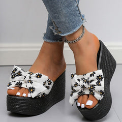 Casual Patchwork Printing With Bow Round Wedges Shoes (Heel Height 3.15in) NewGew