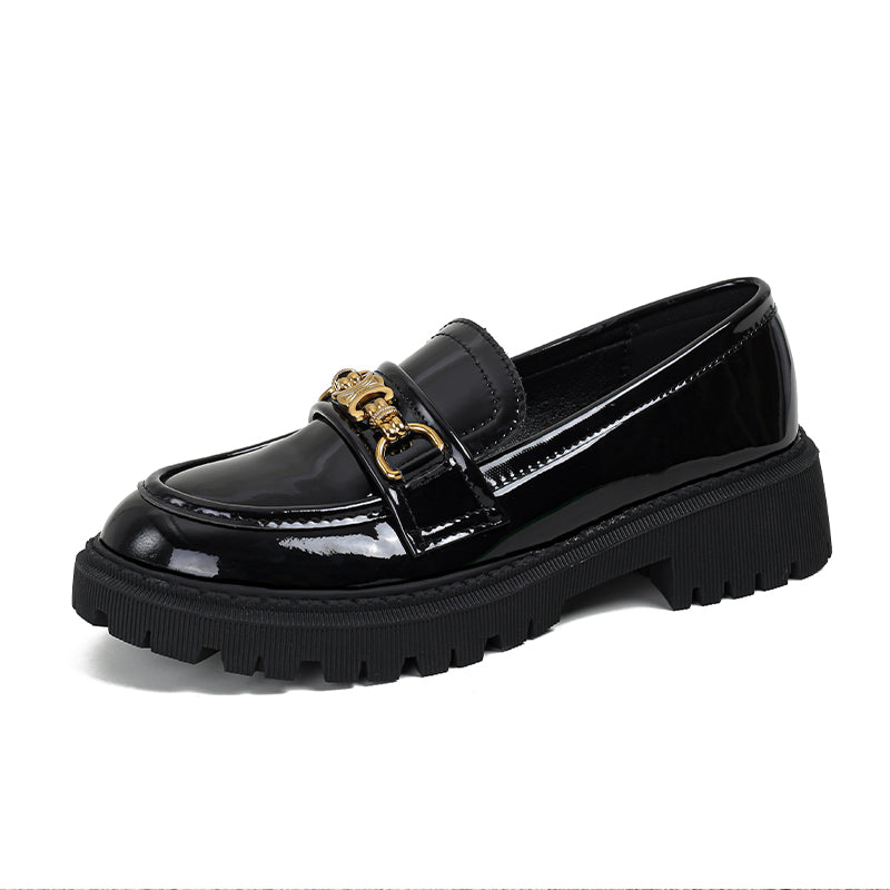 Women Chain Solid Glossy Leather Casual Loafers Newgew Shoes