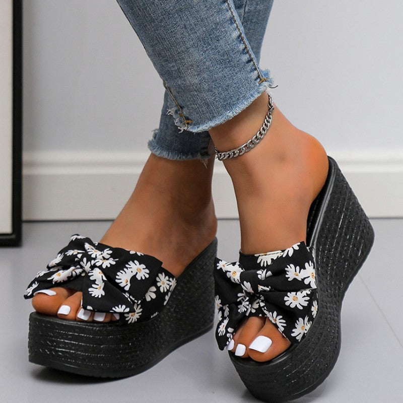 Casual Patchwork Printing With Bow Round Wedges Shoes (Heel Height 3.15in) NewGew