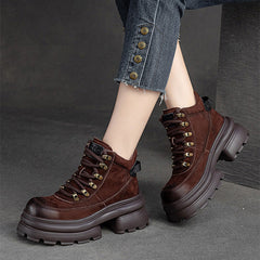 Women Retro Leather Chunky Platform Ankle Boots Newgew Shoes