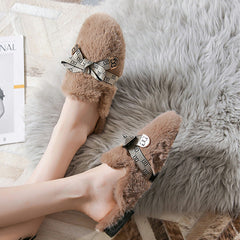 Women Fashion Bowknot Winter Furred Mules Newgew Shoes