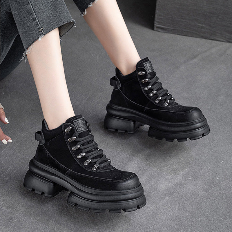 Women Retro Leather Chunky Platform Ankle Boots Newgew Shoes