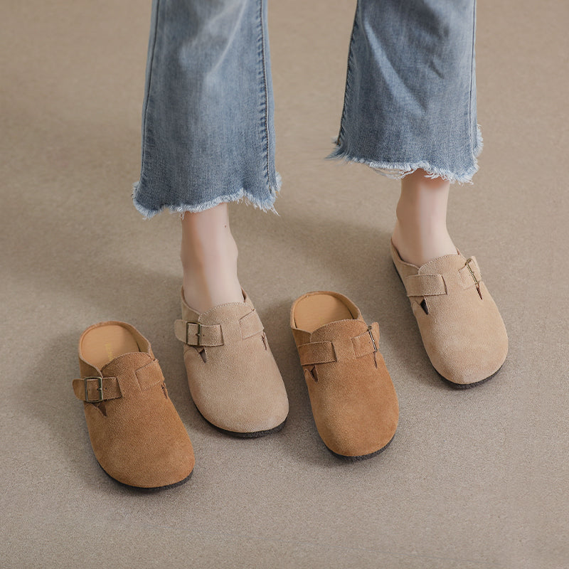 Women Retro Solid Suede Buckle Flat Slippers Newgew Shoes