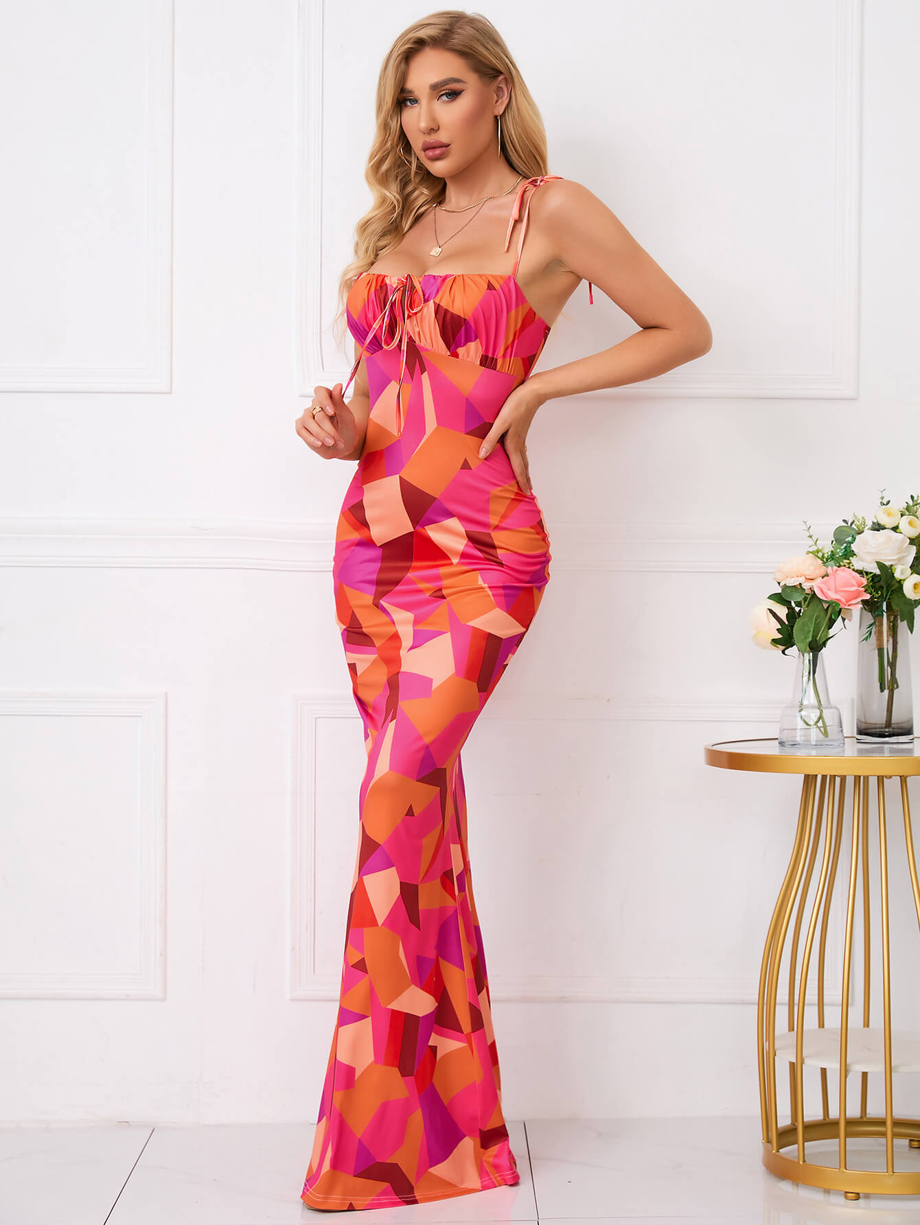 Tie Shoulder Fishtail Hem Floral Print Prom Dress Newgew Dresses