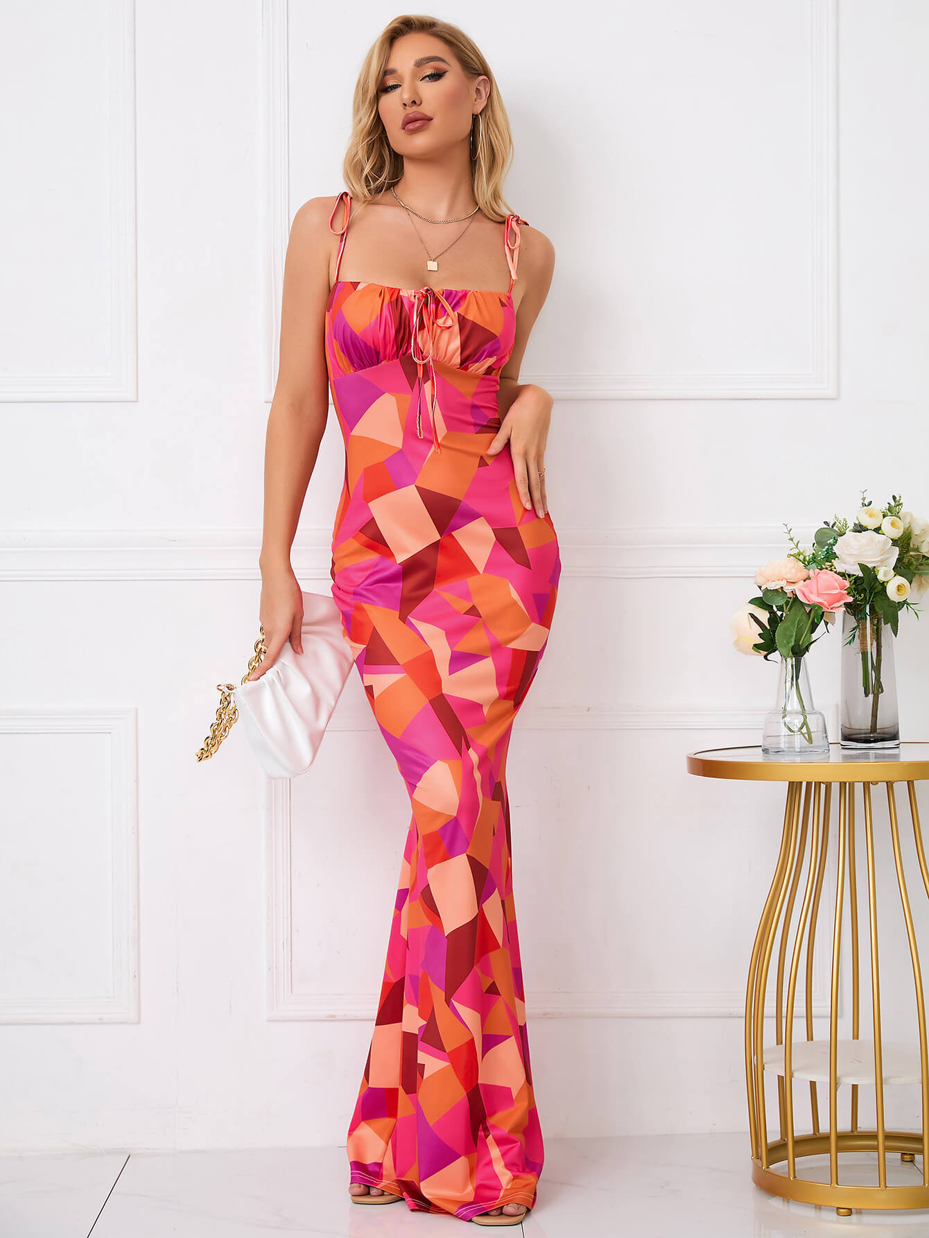 Tie Shoulder Fishtail Hem Floral Print Prom Dress Newgew Dresses