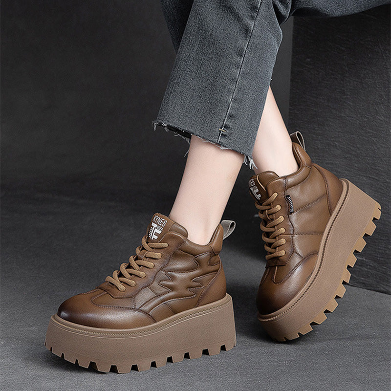 Women Minimalist Cowhide Chunky Platform Casual Shoes Newgew Shoes