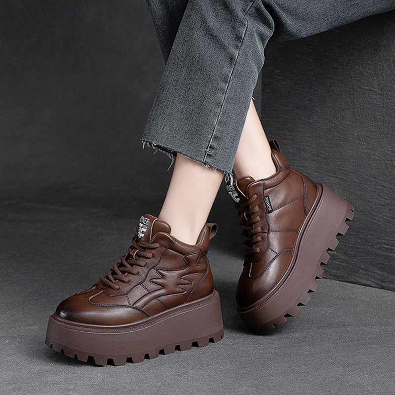 Women Minimalist Cowhide Chunky Platform Casual Shoes Newgew Shoes