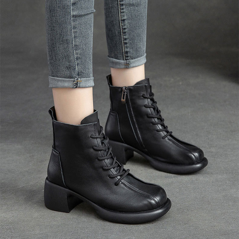 Women Retro Soft Leather Chunky Heel Boots Newgew Shoes