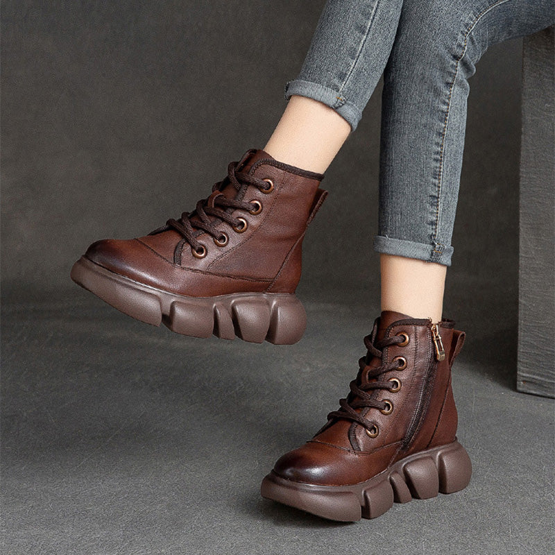 Women Retro Minimalist Leather Furred Platform Boots Newgew Shoes