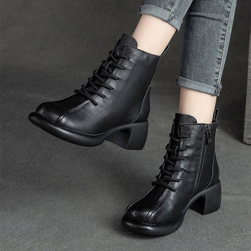 Women Retro Soft Leather Chunky Heel Boots Newgew Shoes