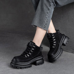 Women Retro Leather Chunky Platform Ankle Boots Newgew Shoes