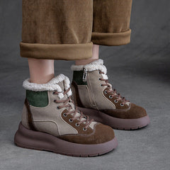 Women Retro Patchwork Leather Furred Snow Boots Newgew Shoes