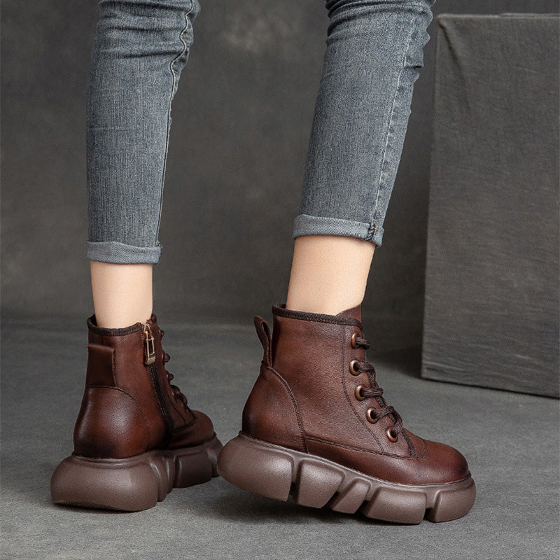 Women Retro Minimalist Leather Furred Platform Boots Newgew Shoes