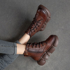 Women Retro Minimalist Leather Furred Platform Boots Newgew Shoes