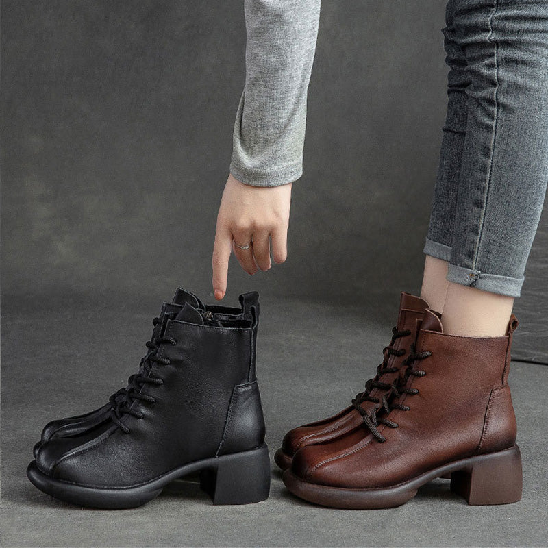 Women Retro Soft Leather Chunky Heel Boots Newgew Shoes