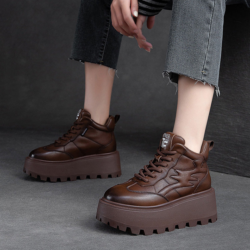 Women Minimalist Cowhide Chunky Platform Casual Shoes Newgew Shoes