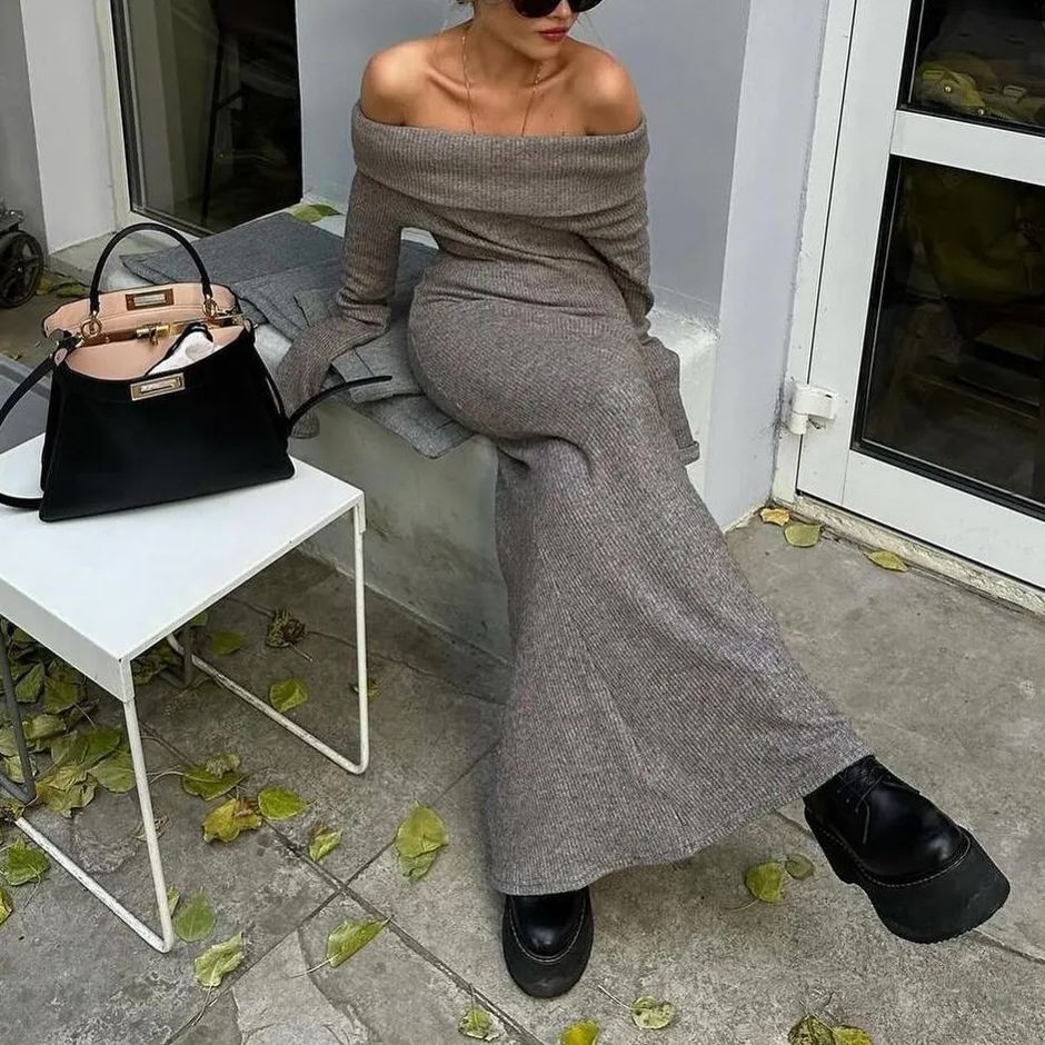 Off Shoulder Fit Knitted Maxi Dress Newgew Dresses