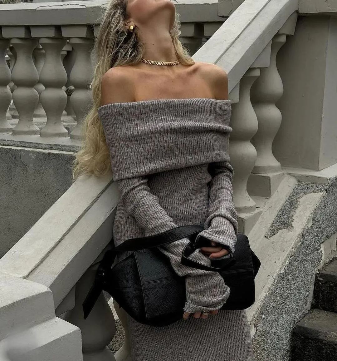 Off Shoulder Fit Knitted Maxi Dress Newgew Dresses