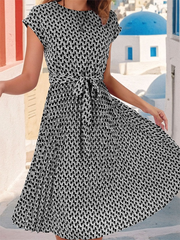Women's Short Sleeve Patterned Midi Dress with Waist Tie Newgew Dresses