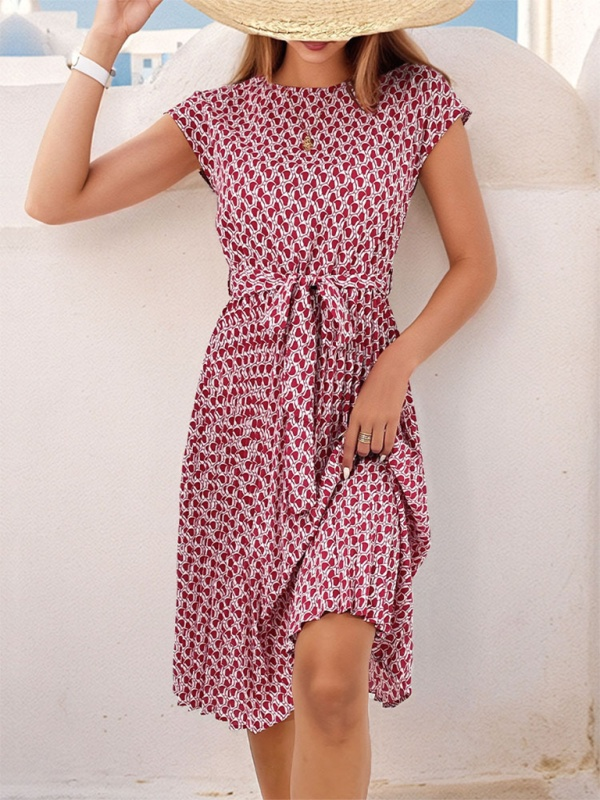 Women's Short Sleeve Patterned Midi Dress with Waist Tie Newgew Dresses