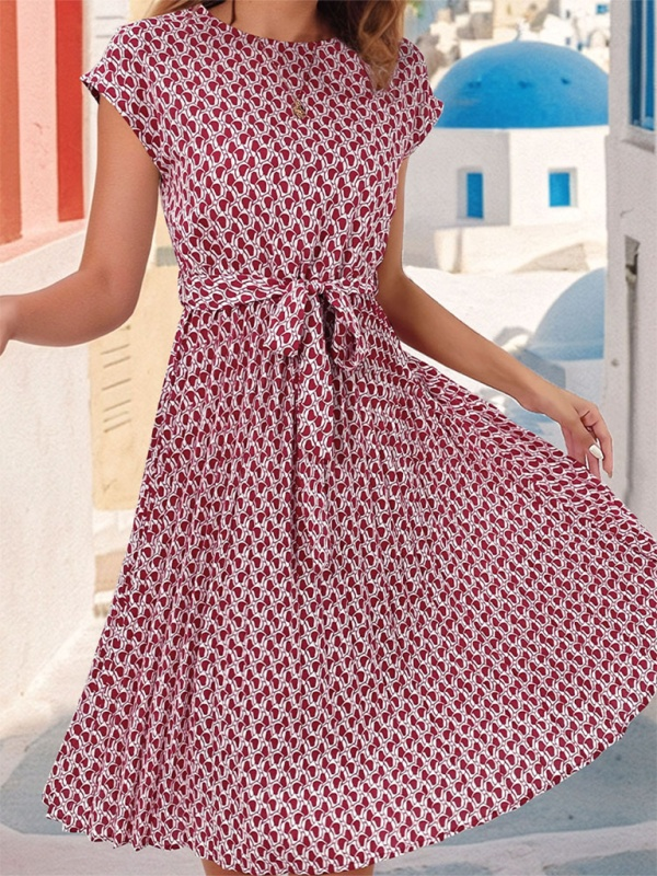 Women's Short Sleeve Patterned Midi Dress with Waist Tie Newgew Dresses