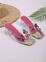 Rhinestone Transparent Strap Mid-Heel Slippers Newgew