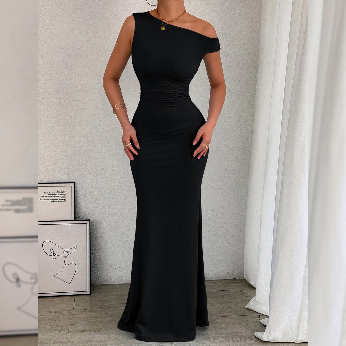 Fishtail Off-The-Shoulder Pleated Dress Newgew