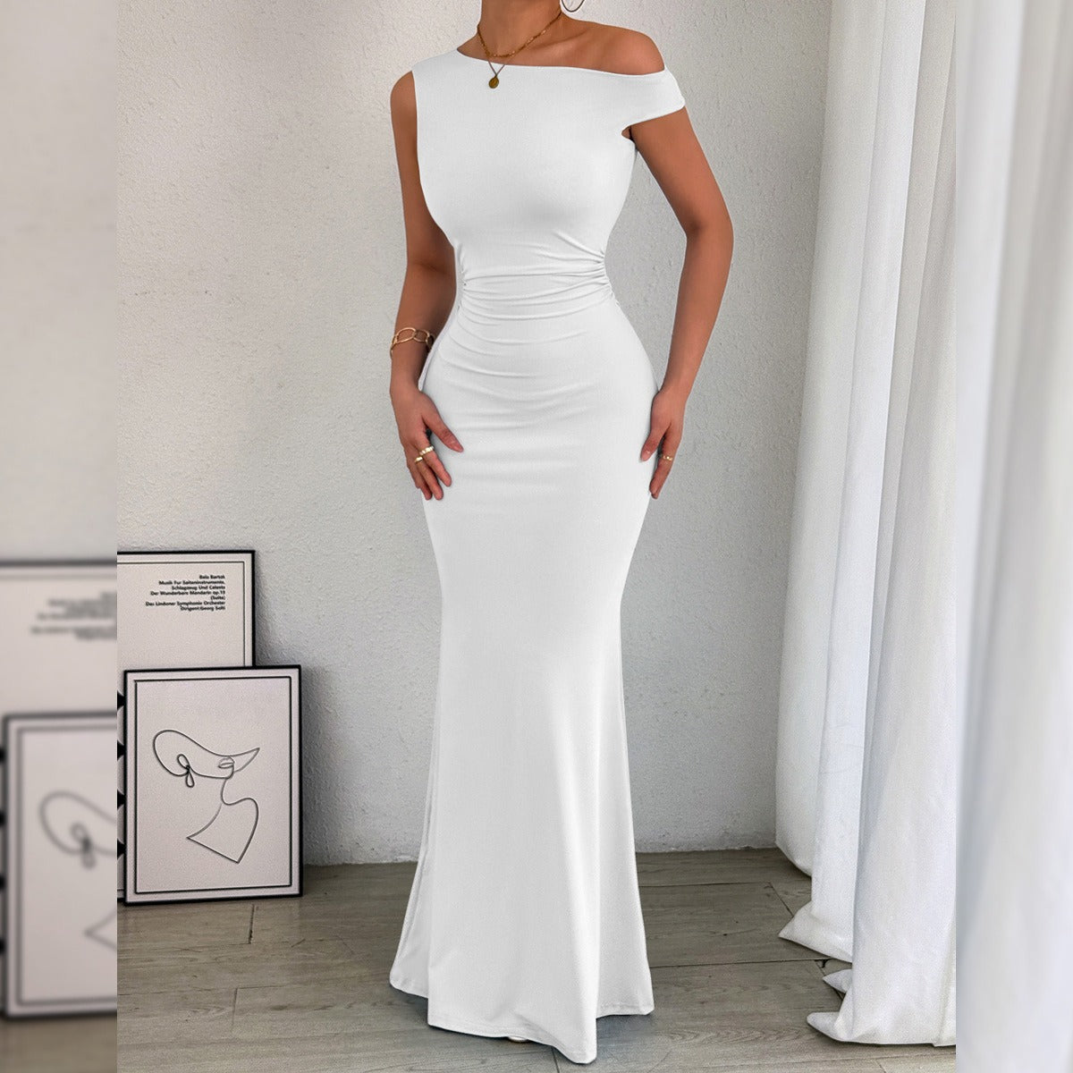 Fishtail Off-The-Shoulder Pleated Dress Newgew