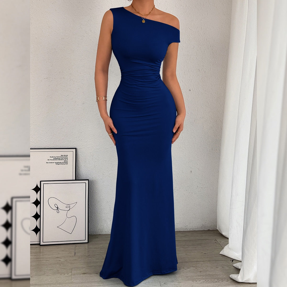 Fishtail Off-The-Shoulder Pleated Dress Newgew