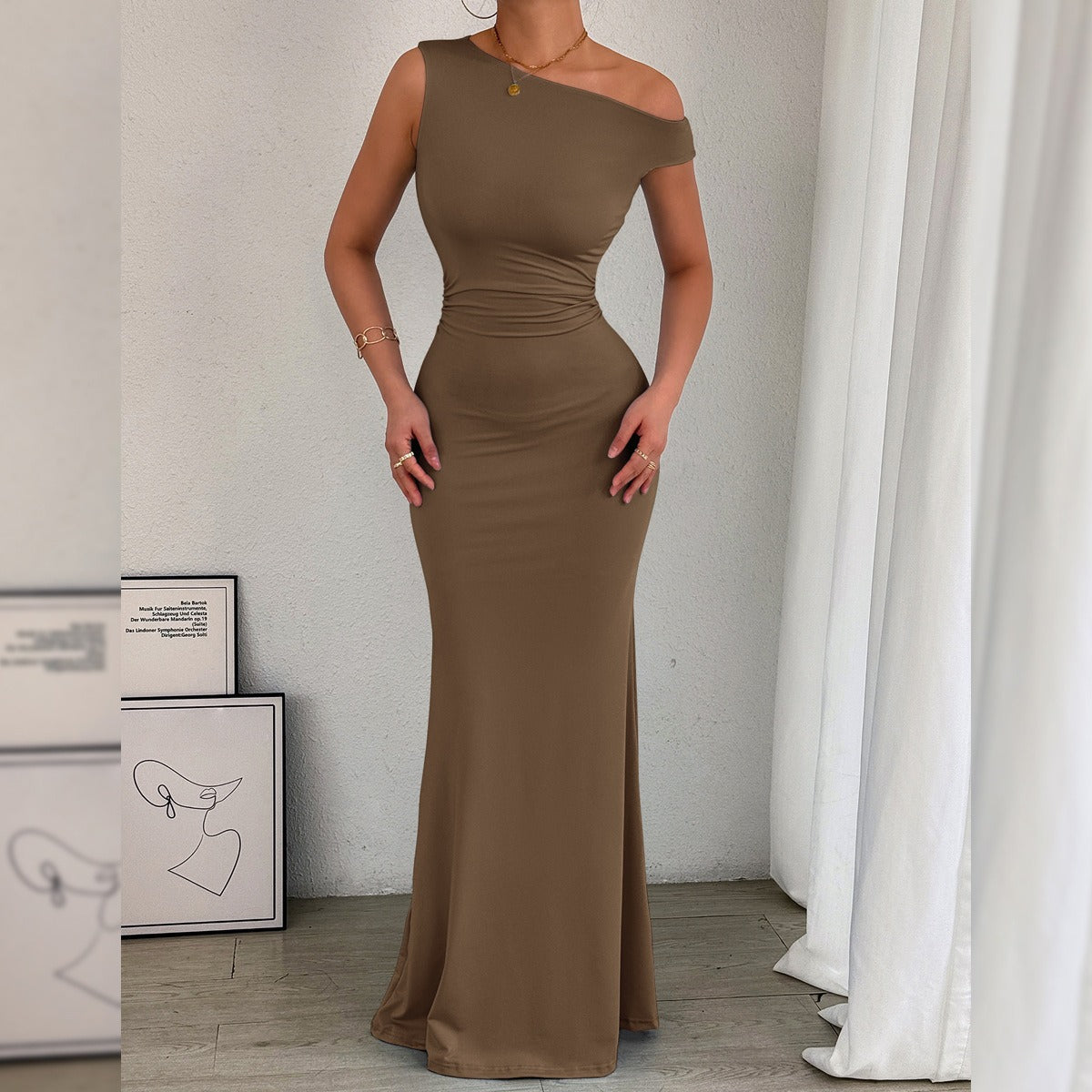 Fishtail Off-The-Shoulder Pleated Dress Newgew
