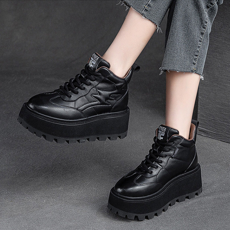 Women Minimalist Cowhide Chunky Platform Casual Shoes Newgew Shoes