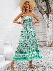 Floral Print Smocked Chest Halter Neck Maxi Dress Newgew Dresses