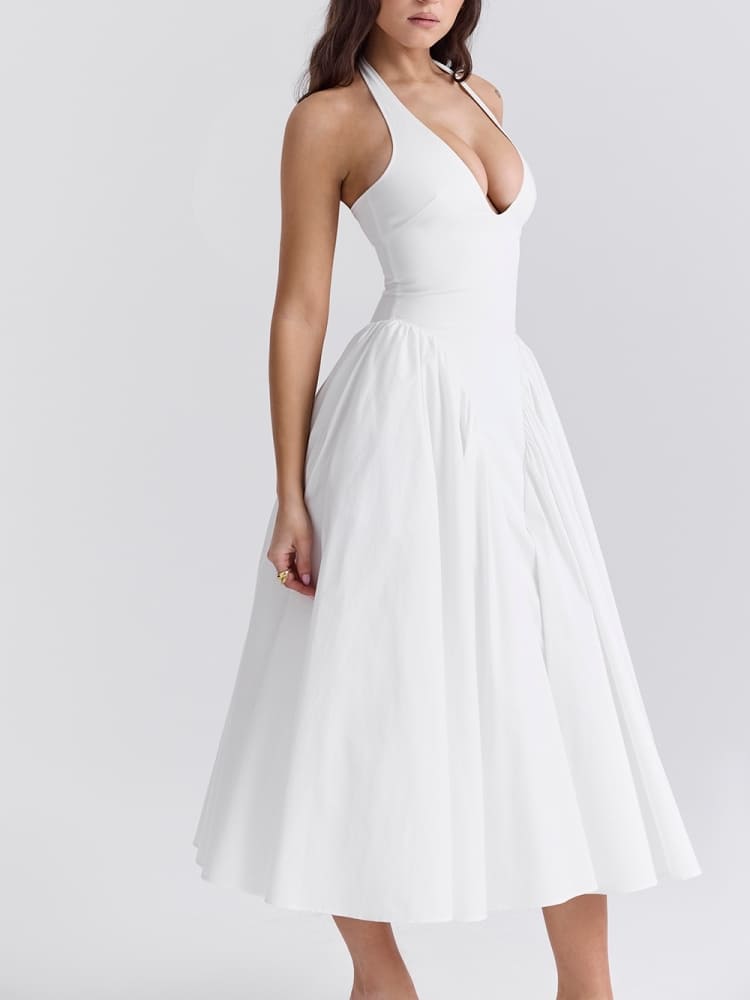 White Cotton Halter Midi Sundress Newgew Dresses