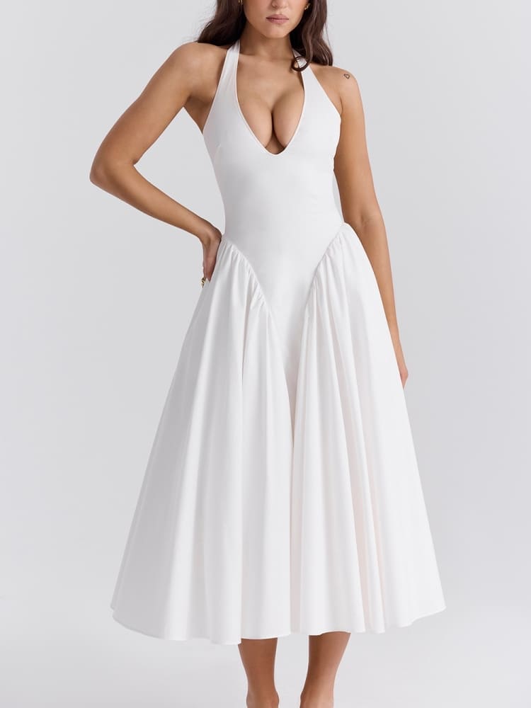 White Cotton Halter Midi Sundress Newgew Dresses
