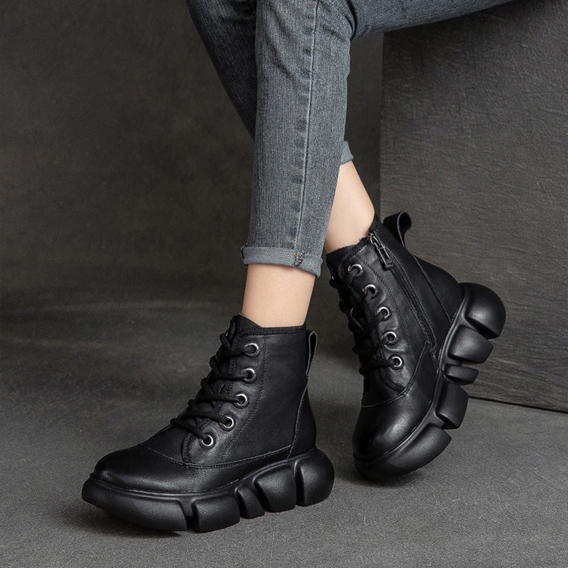 Women Retro Minimalist Leather Furred Platform Boots Newgew Shoes