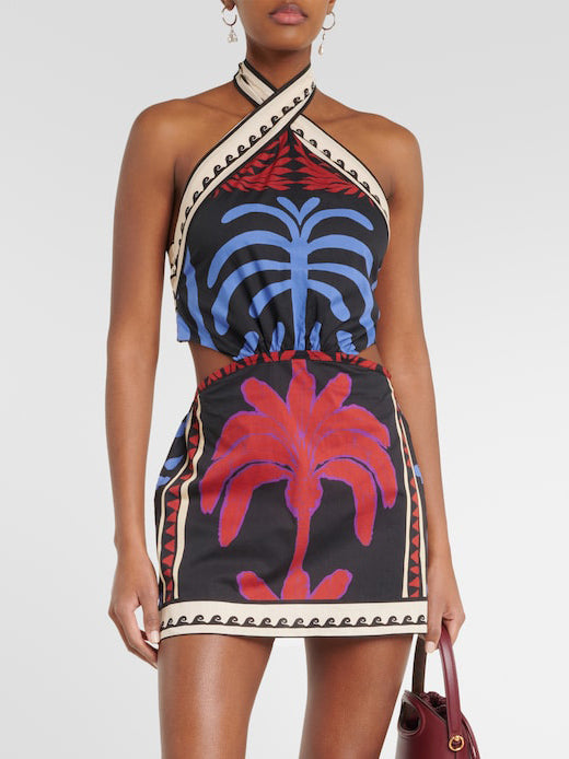 Unique Summer Print Halter Neck Mini Dress Newgew Dresses