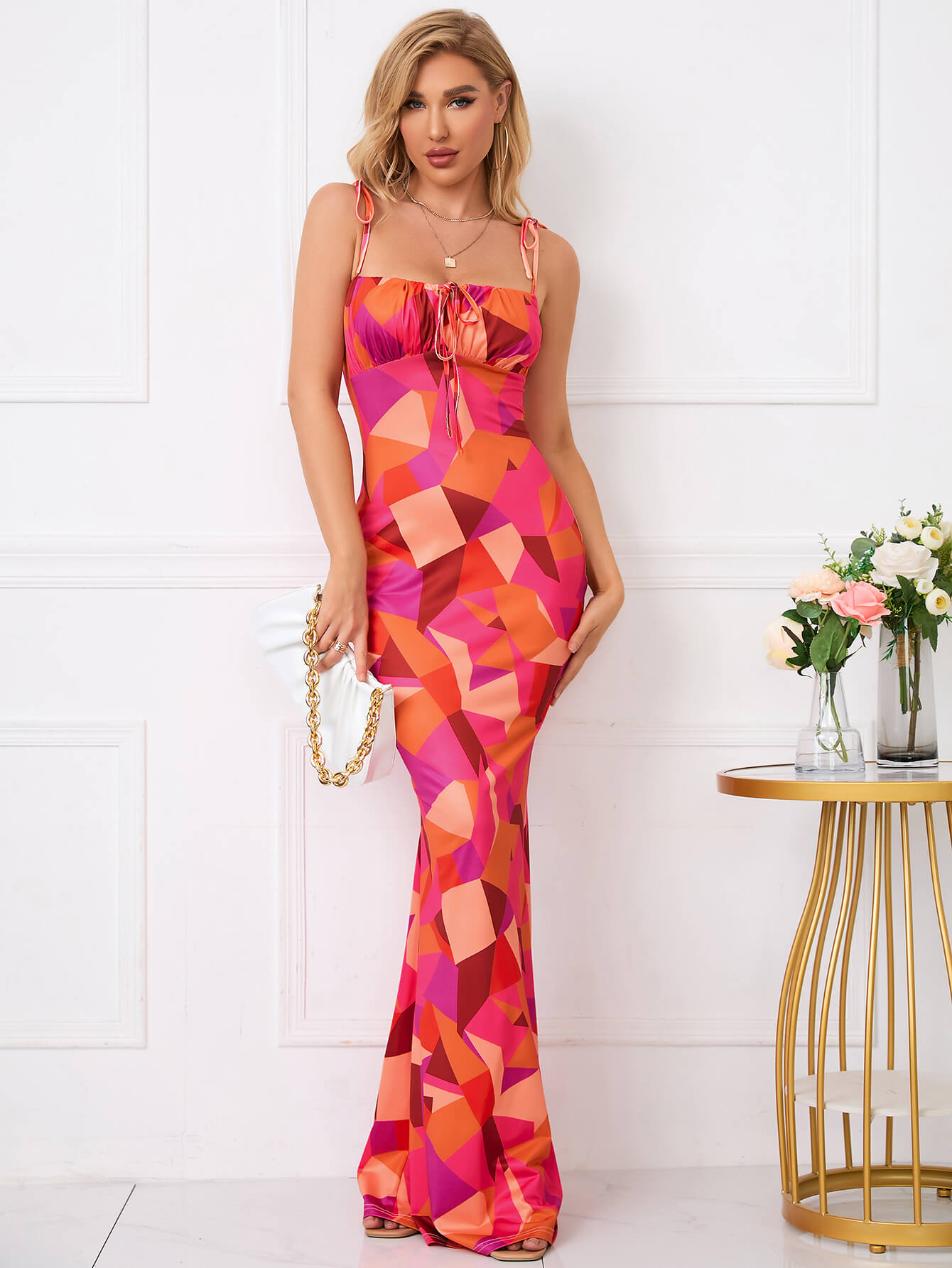 Tie Shoulder Fishtail Hem Floral Print Prom Dress Newgew Dresses
