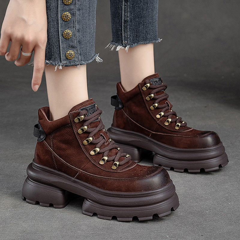 Women Retro Leather Chunky Platform Ankle Boots Newgew Shoes