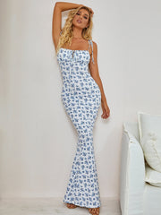 Tie Shoulder Fishtail Hem Floral Print Prom Dress Newgew Dresses